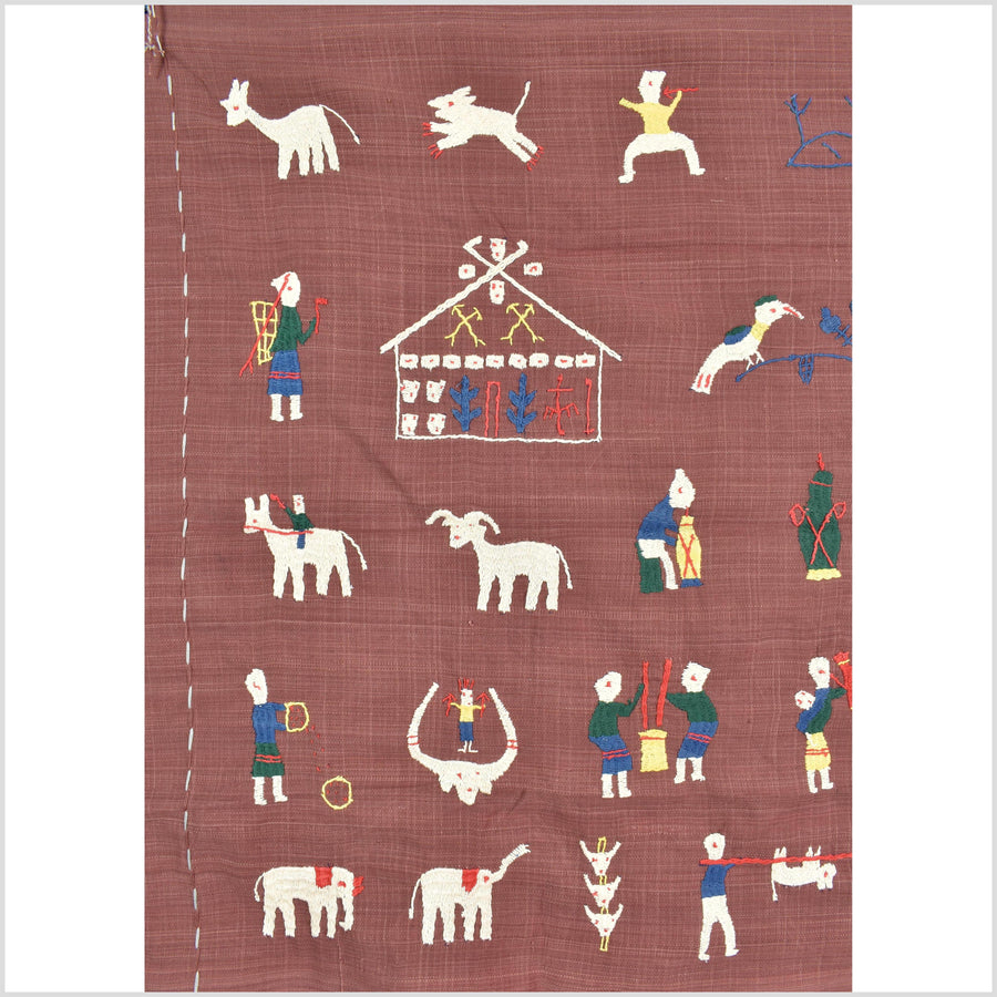 Plum brown cotton story quilt Naga tribal textile ethnic embroidered boho fabric Burma hill tribe tapestry Thailand India Hmong MP71