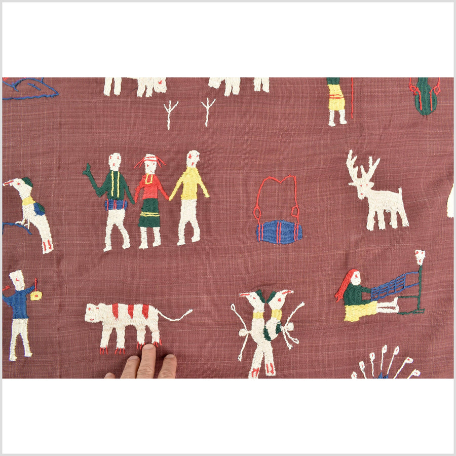 Plum brown cotton story quilt Naga tribal textile ethnic embroidered boho fabric Burma hill tribe tapestry Thailand India Hmong MP71
