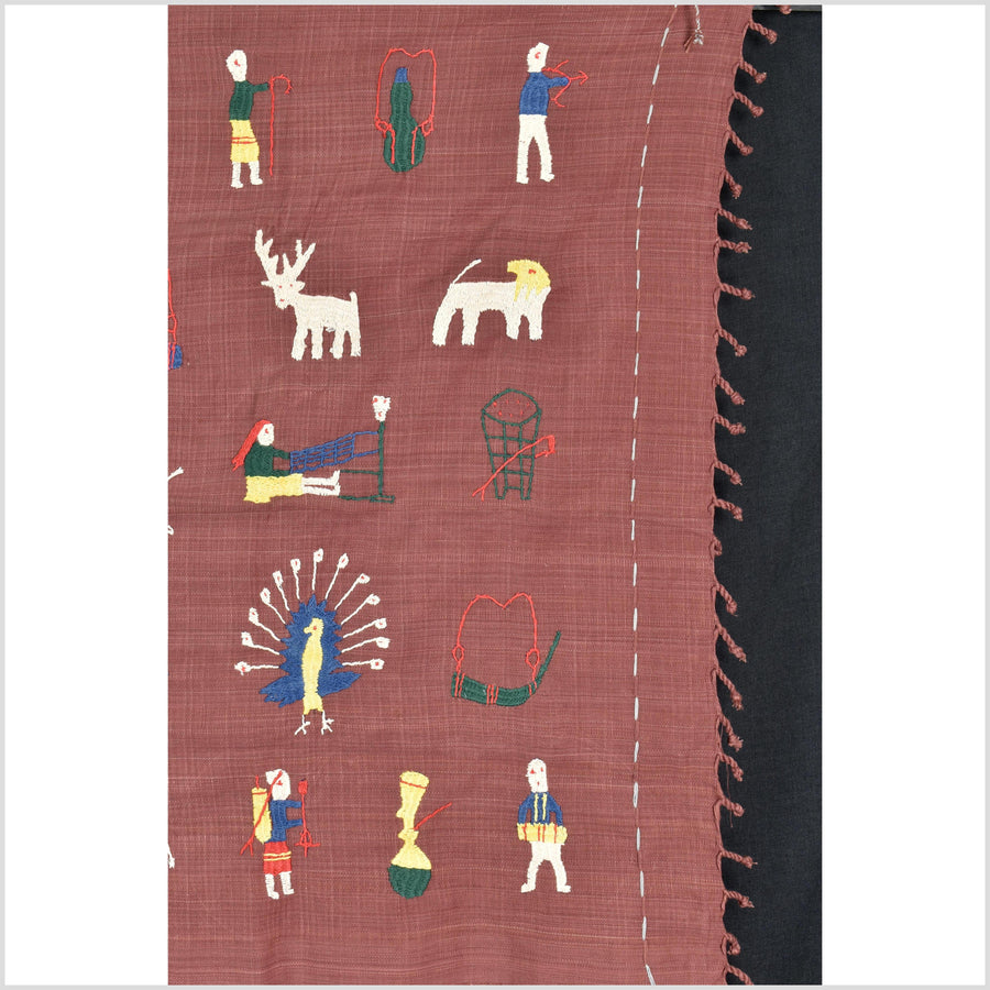 Plum brown cotton story quilt Naga tribal textile ethnic embroidered boho fabric Burma hill tribe tapestry Thailand India Hmong MP71
