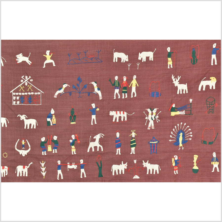 Plum brown cotton story quilt Naga tribal textile ethnic embroidered boho fabric Burma hill tribe tapestry Thailand India Hmong MP71