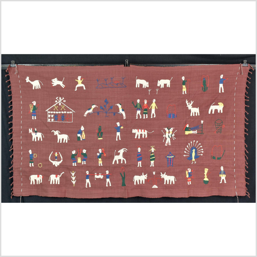 Plum brown cotton story quilt Naga tribal textile ethnic embroidered boho fabric Burma hill tribe tapestry Thailand India Hmong MP71