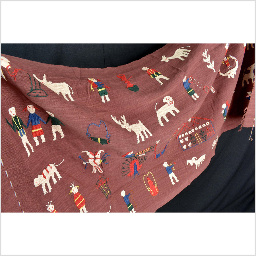 Plum brown cotton story quilt Naga tribal textile ethnic embroidered boho fabric Burma hill tribe tapestry Thailand India Hmong MP72