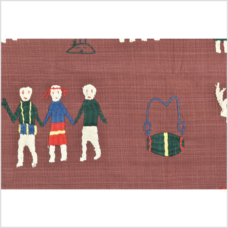 Plum brown cotton story quilt Naga tribal textile ethnic embroidered boho fabric Burma hill tribe tapestry Thailand India Hmong MP72