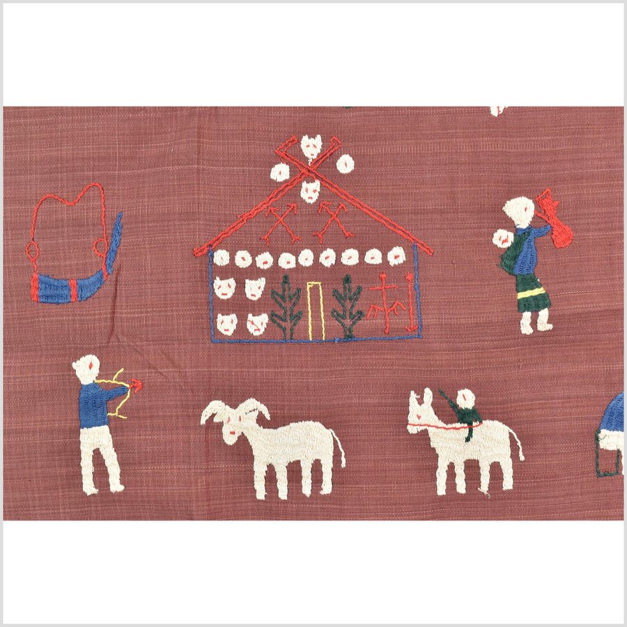 Plum brown cotton story quilt Naga tribal textile ethnic embroidered boho fabric Burma hill tribe tapestry Thailand India Hmong MP72