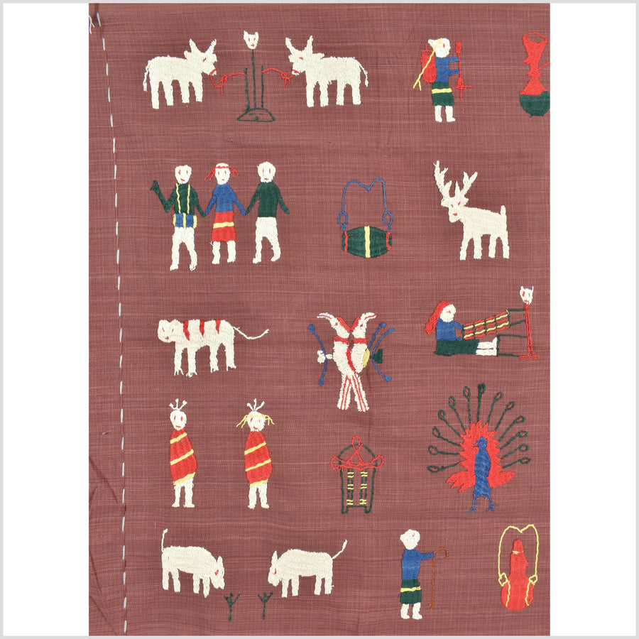 Plum brown cotton story quilt Naga tribal textile ethnic embroidered boho fabric Burma hill tribe tapestry Thailand India Hmong MP72