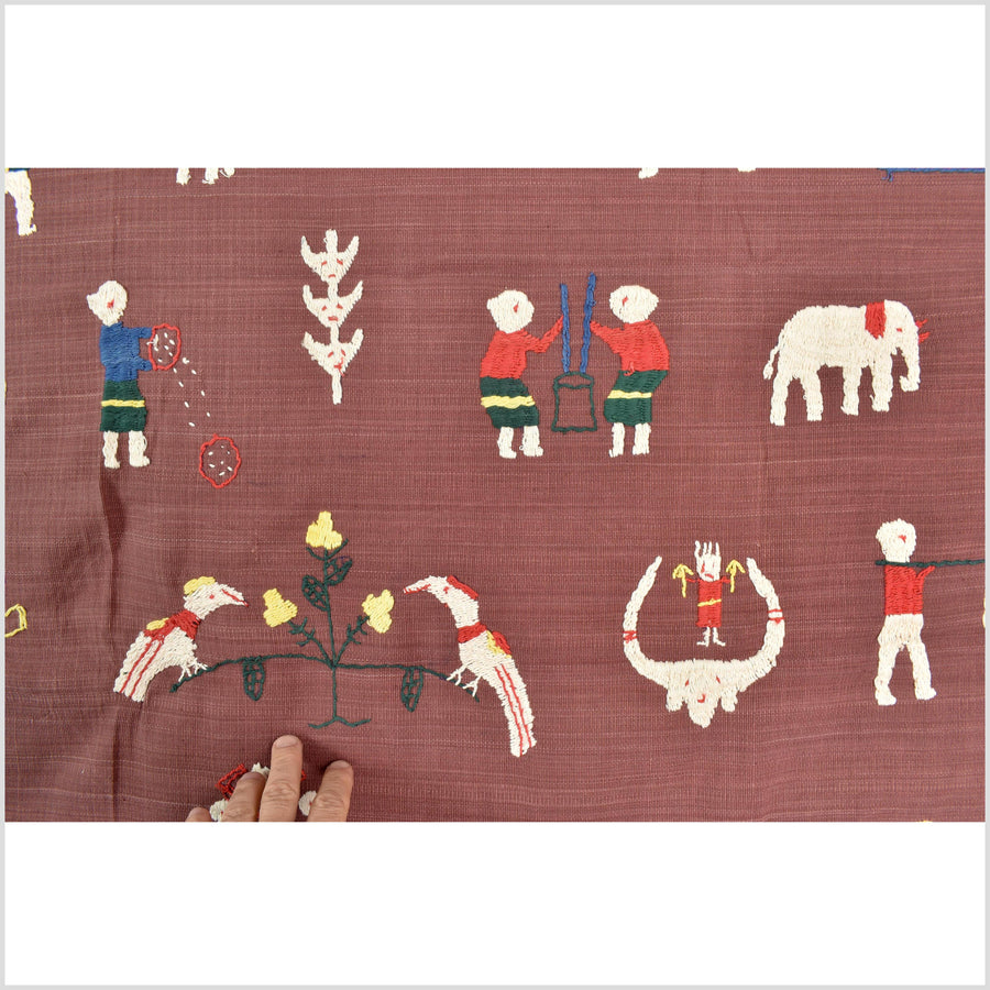 Plum brown cotton story quilt Naga tribal textile ethnic embroidered boho fabric Burma hill tribe tapestry Thailand India Hmong MP72