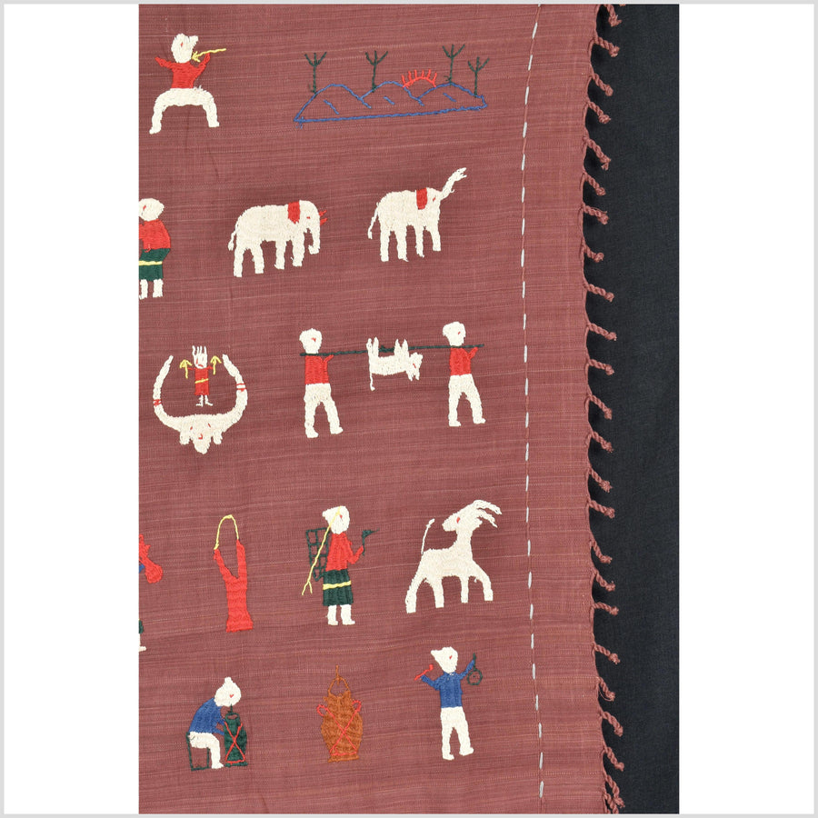 Plum brown cotton story quilt Naga tribal textile ethnic embroidered boho fabric Burma hill tribe tapestry Thailand India Hmong MP72