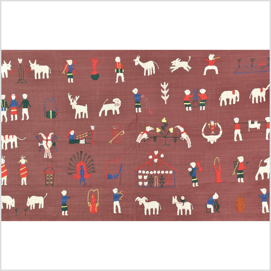 Plum brown cotton story quilt Naga tribal textile ethnic embroidered boho fabric Burma hill tribe tapestry Thailand India Hmong MP72