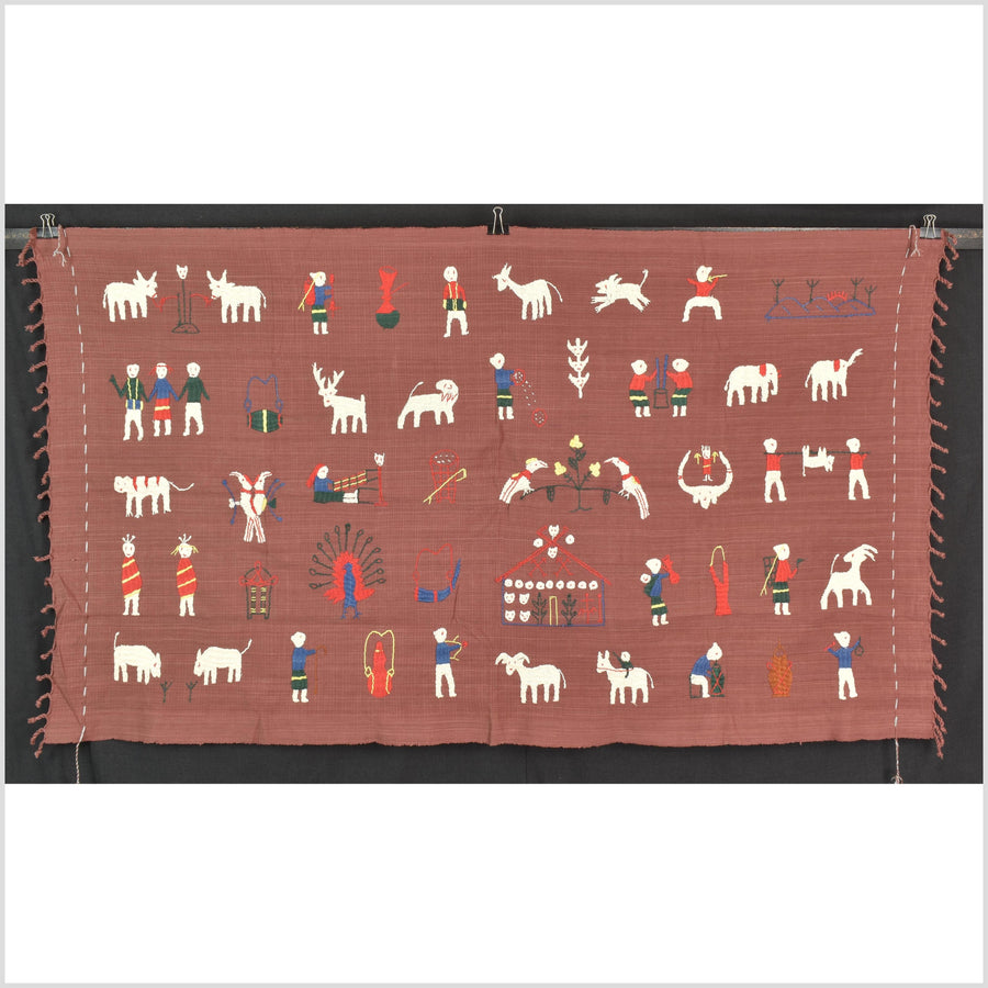 Plum brown cotton story quilt Naga tribal textile ethnic embroidered boho fabric Burma hill tribe tapestry Thailand India Hmong MP72