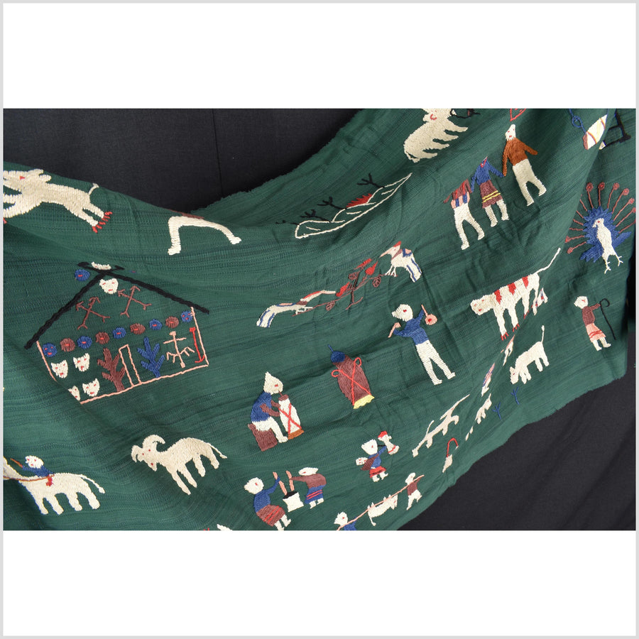 Green jade cotton story quilt Naga tribal textile ethnic embroidered boho fabric Burma hill tribe tapestry Thai India Hmong MP74