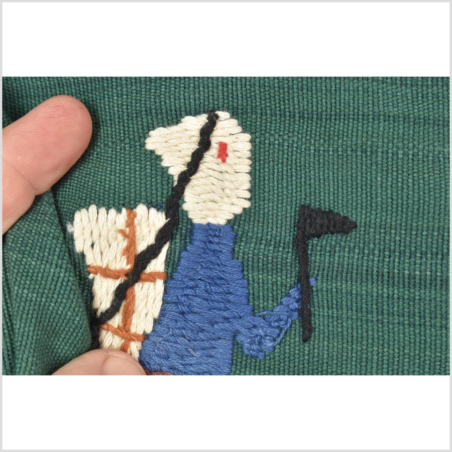 Green jade cotton story quilt Naga tribal textile ethnic embroidered boho fabric Burma hill tribe tapestry Thai India Hmong MP74