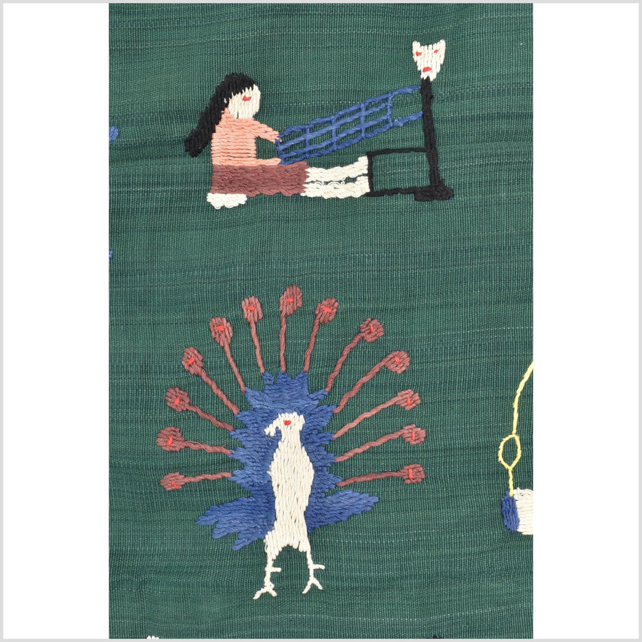 Green jade cotton story quilt Naga tribal textile ethnic embroidered boho fabric Burma hill tribe tapestry Thai India Hmong MP74