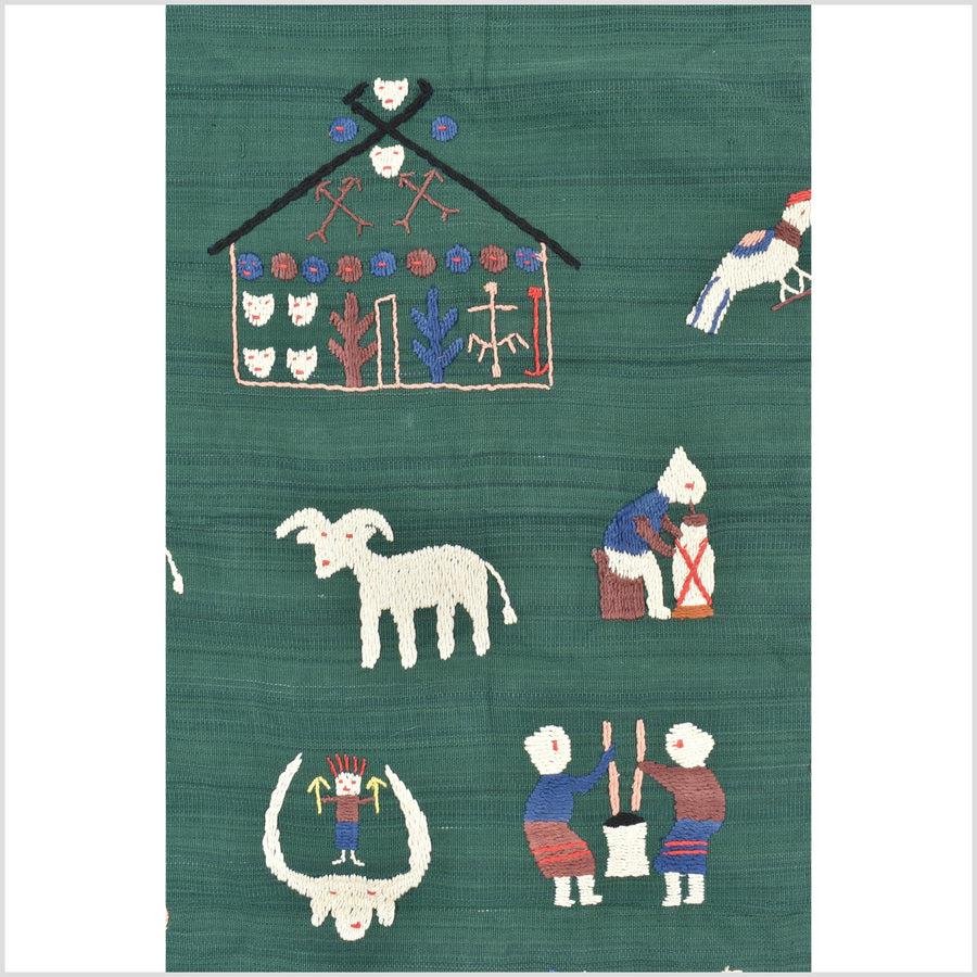 Green jade cotton story quilt Naga tribal textile ethnic embroidered boho fabric Burma hill tribe tapestry Thai India Hmong MP74