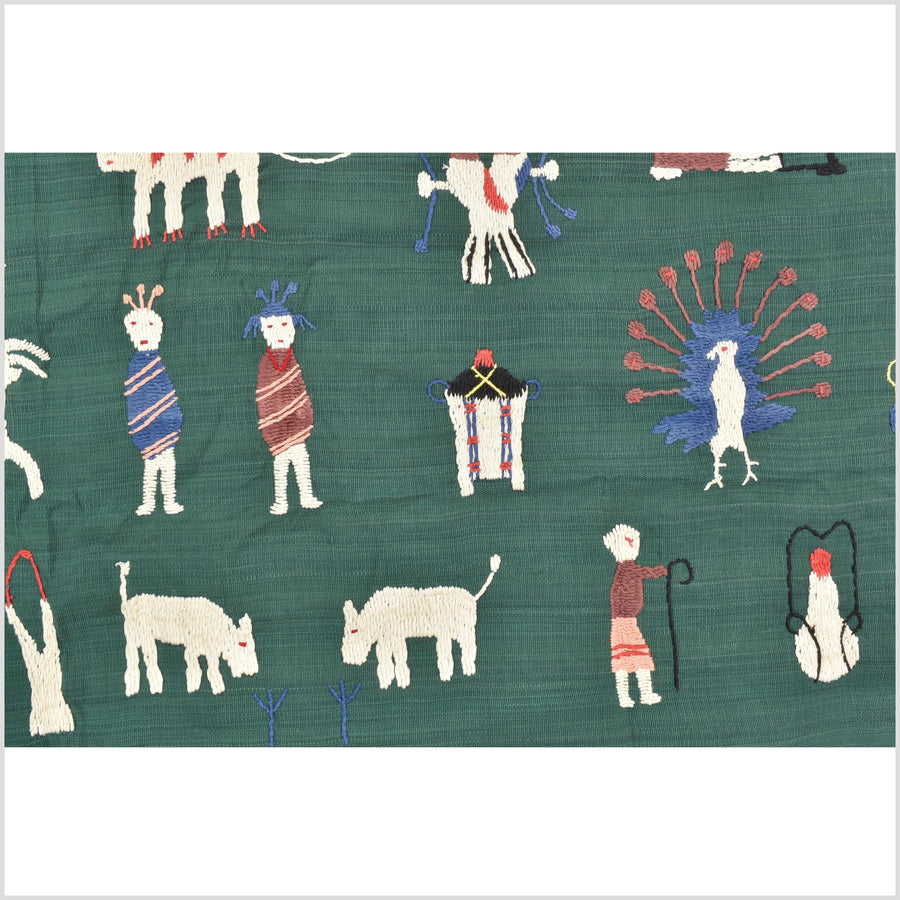 Green jade cotton story quilt Naga tribal textile ethnic embroidered boho fabric Burma hill tribe tapestry Thai India Hmong MP74