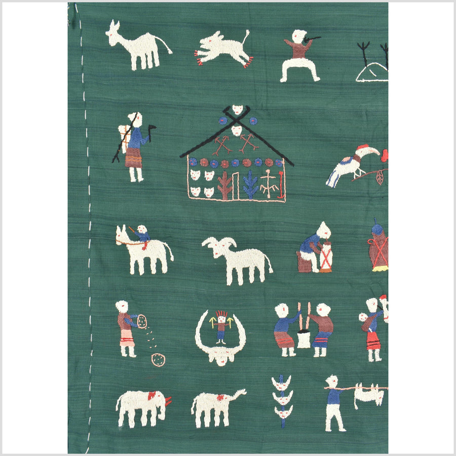 Green jade cotton story quilt Naga tribal textile ethnic embroidered boho fabric Burma hill tribe tapestry Thai India Hmong MP74