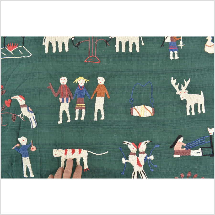 Green jade cotton story quilt Naga tribal textile ethnic embroidered boho fabric Burma hill tribe tapestry Thai India Hmong MP74