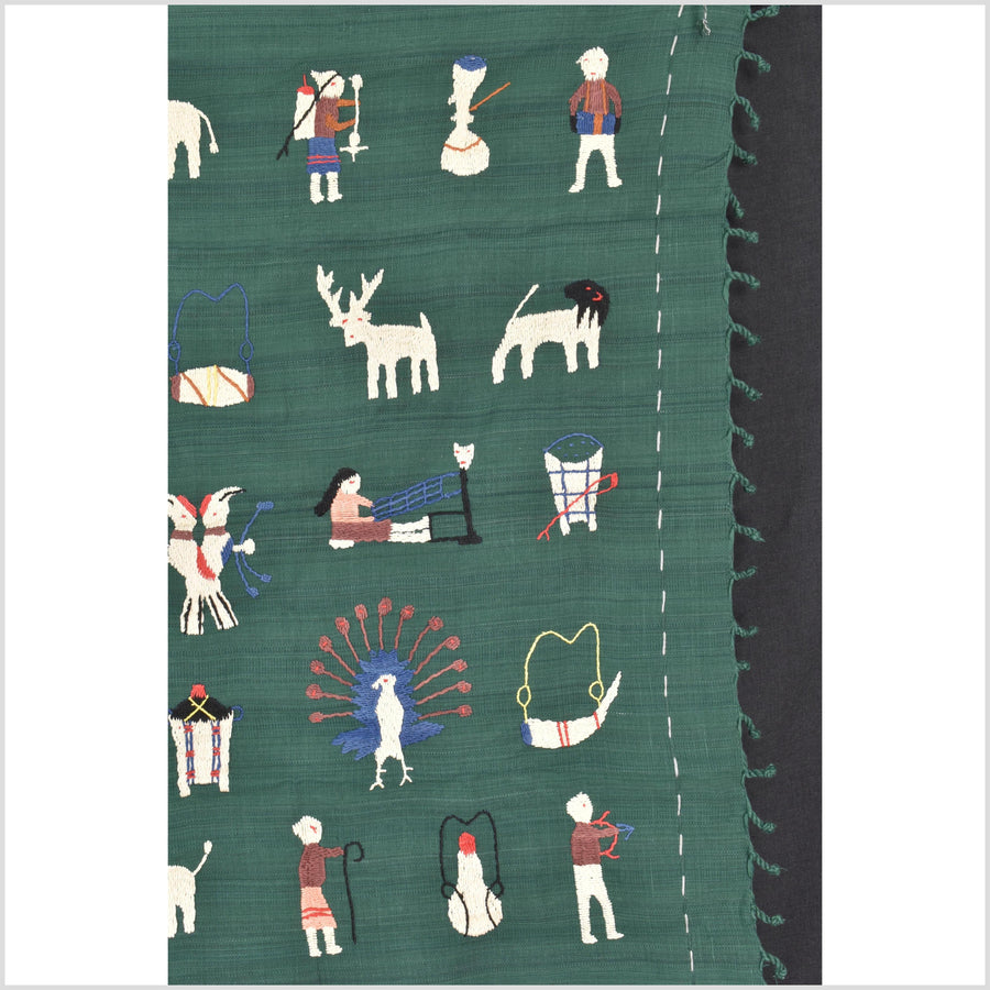 Green jade cotton story quilt Naga tribal textile ethnic embroidered boho fabric Burma hill tribe tapestry Thai India Hmong MP74