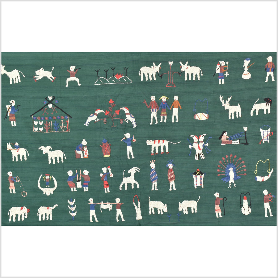 Green jade cotton story quilt Naga tribal textile ethnic embroidered boho fabric Burma hill tribe tapestry Thai India Hmong MP74