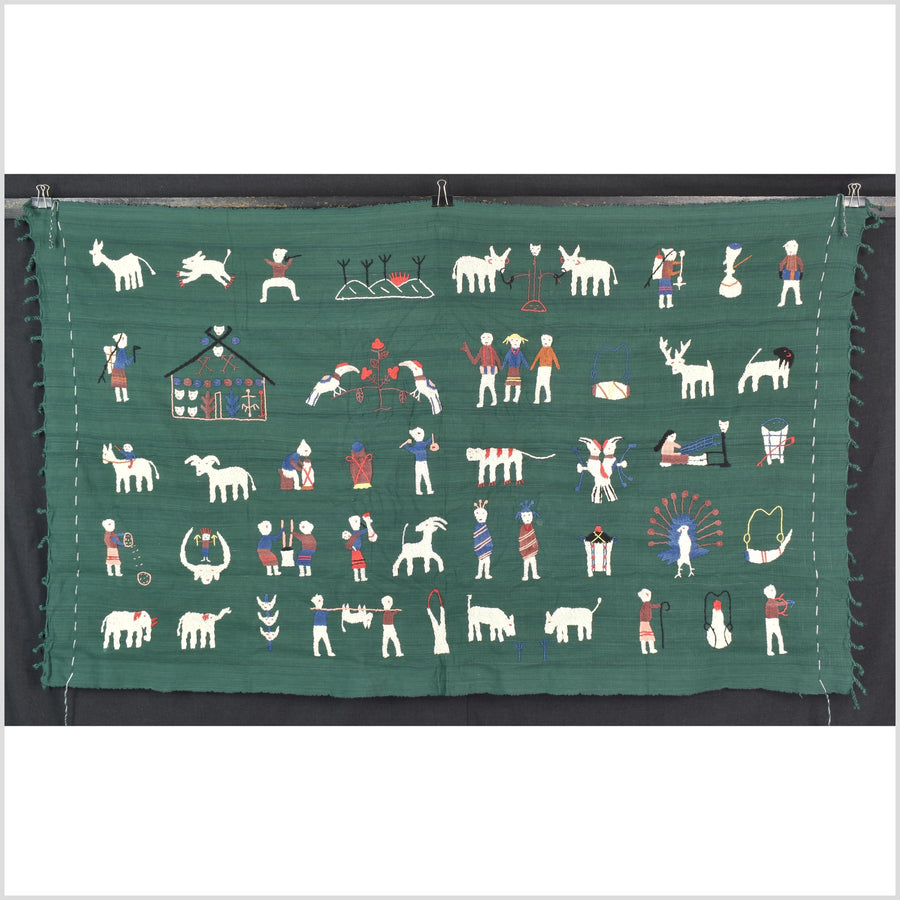 Green jade cotton story quilt Naga tribal textile ethnic embroidered boho fabric Burma hill tribe tapestry Thai India Hmong MP74