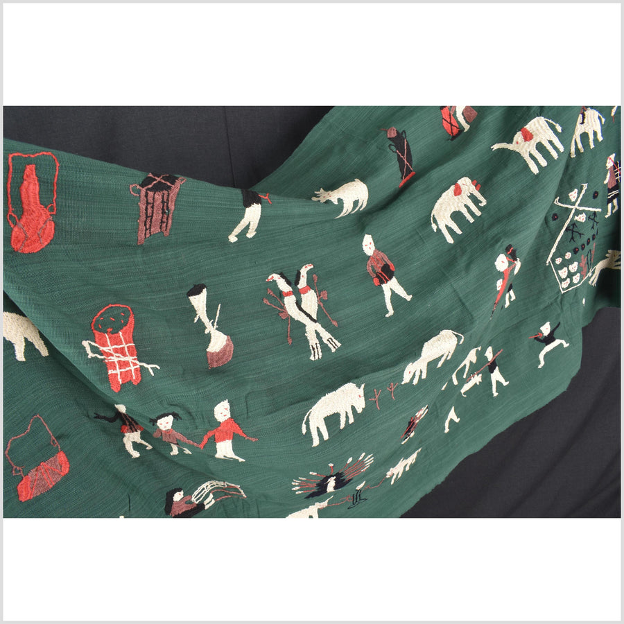 Green jade cotton story quilt Naga tribal textile ethnic embroidered boho fabric Burma hill tribe tapestry Thai India Hmong MP75