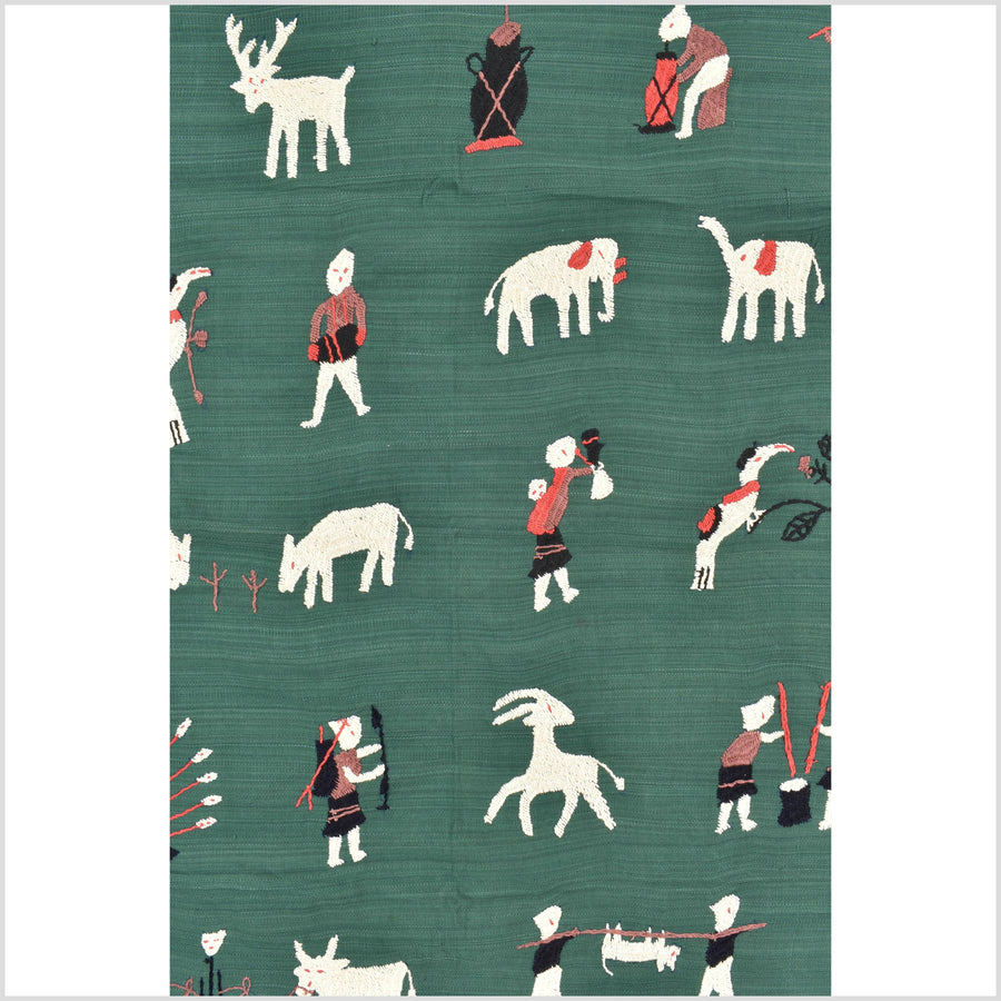 Green jade cotton story quilt Naga tribal textile ethnic embroidered boho fabric Burma hill tribe tapestry Thai India Hmong MP75
