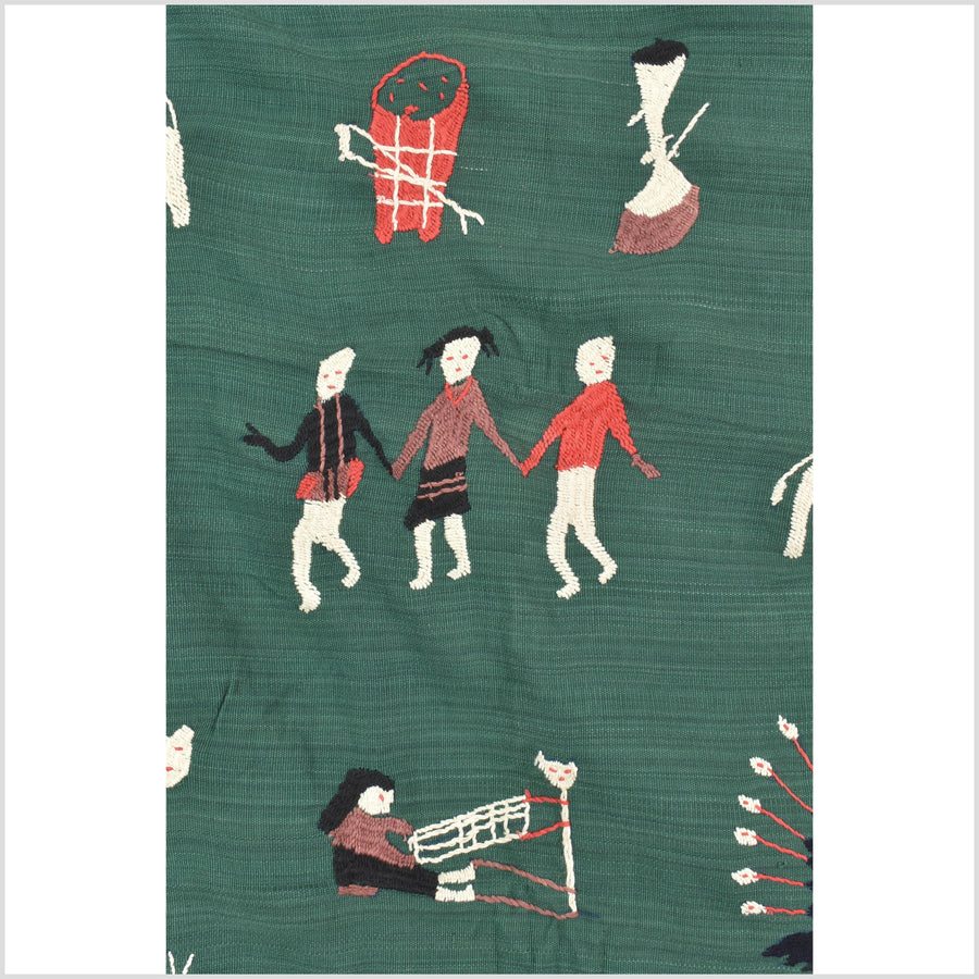 Green jade cotton story quilt Naga tribal textile ethnic embroidered boho fabric Burma hill tribe tapestry Thai India Hmong MP75
