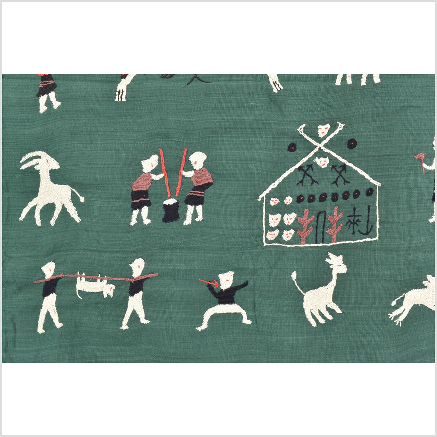 Green jade cotton story quilt Naga tribal textile ethnic embroidered boho fabric Burma hill tribe tapestry Thai India Hmong MP75