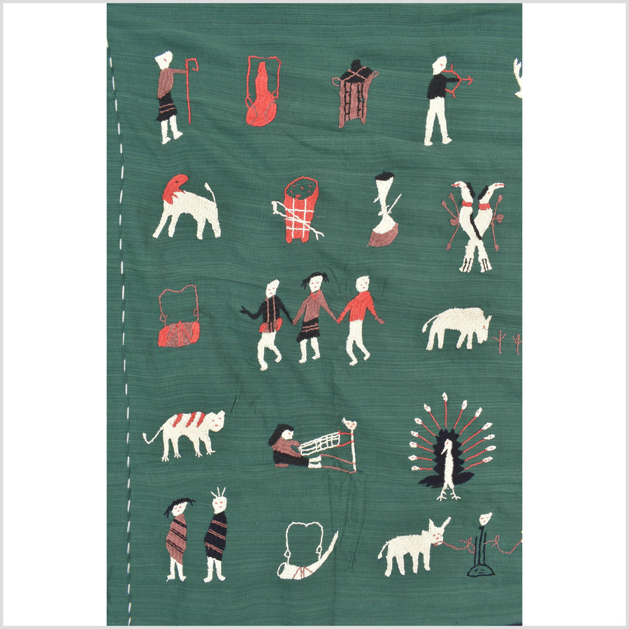 Green jade cotton story quilt Naga tribal textile ethnic embroidered boho fabric Burma hill tribe tapestry Thai India Hmong MP75