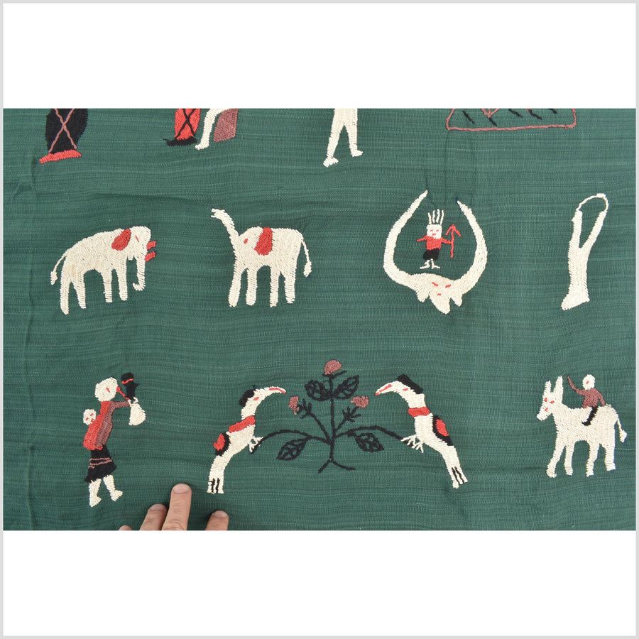 Green jade cotton story quilt Naga tribal textile ethnic embroidered boho fabric Burma hill tribe tapestry Thai India Hmong MP75