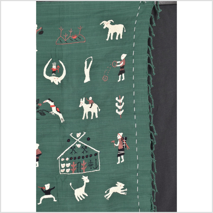 Green jade cotton story quilt Naga tribal textile ethnic embroidered boho fabric Burma hill tribe tapestry Thai India Hmong MP75