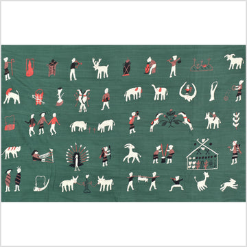 Green jade cotton story quilt Naga tribal textile ethnic embroidered boho fabric Burma hill tribe tapestry Thai India Hmong MP75