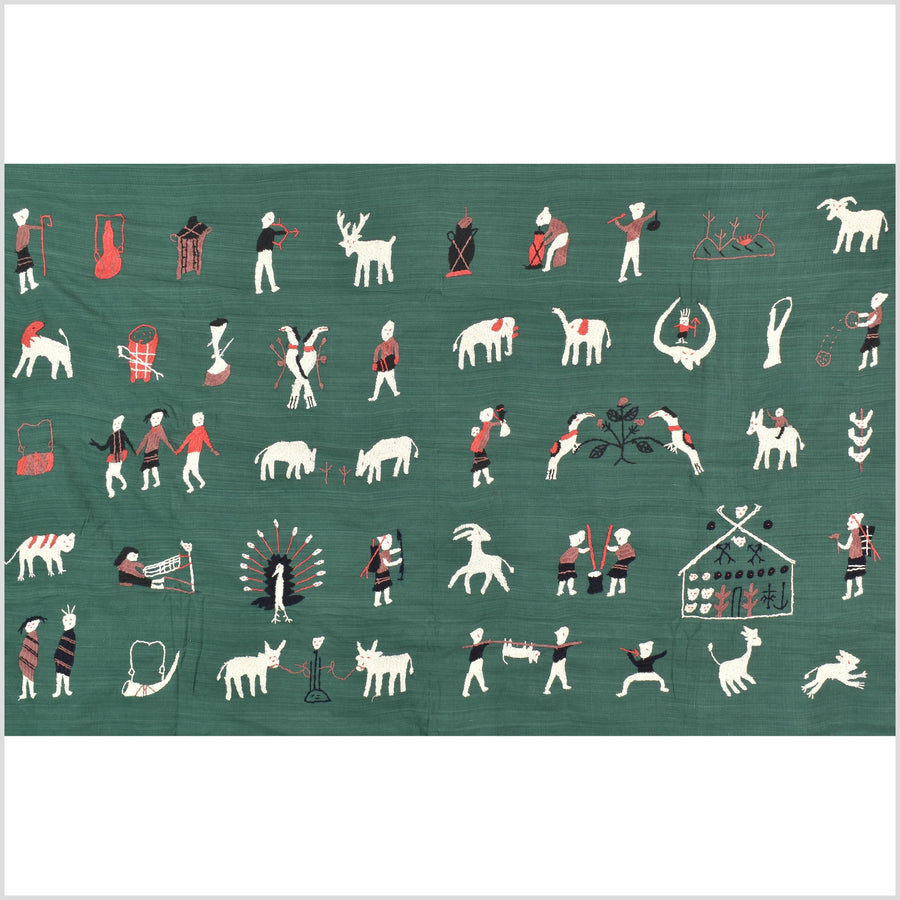 Green jade cotton story quilt Naga tribal textile ethnic embroidered boho fabric Burma hill tribe tapestry Thai India Hmong MP75