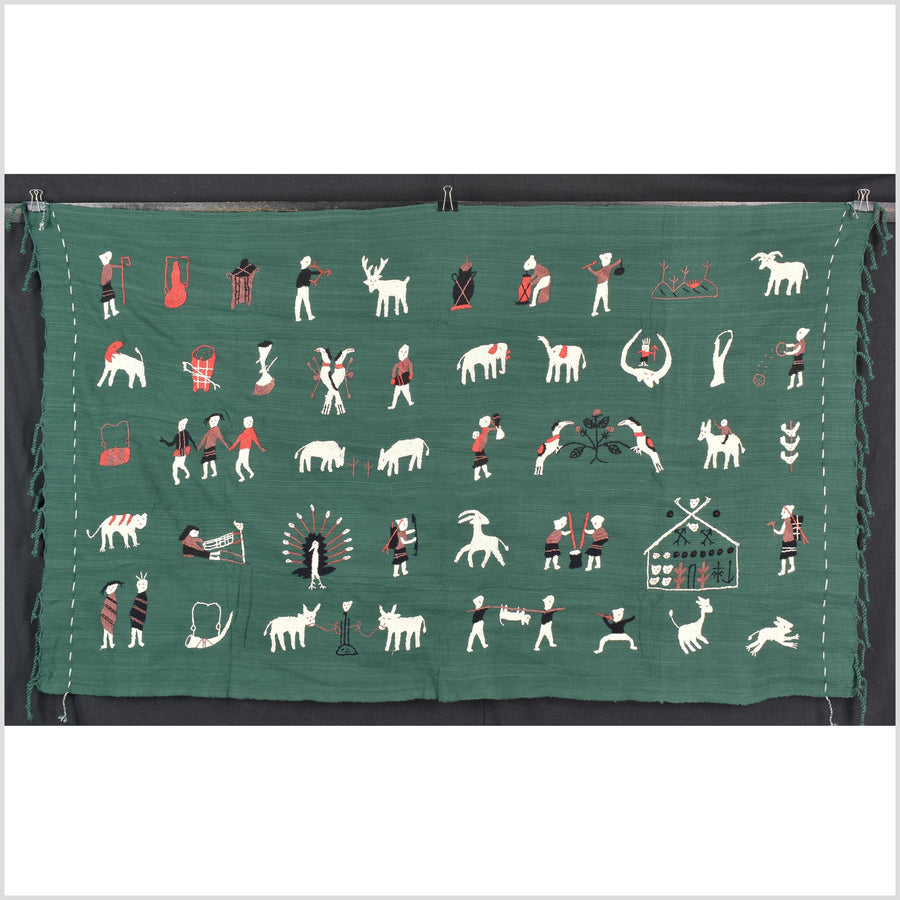 Green jade cotton story quilt Naga tribal textile ethnic embroidered boho fabric Burma hill tribe tapestry Thai India Hmong MP75