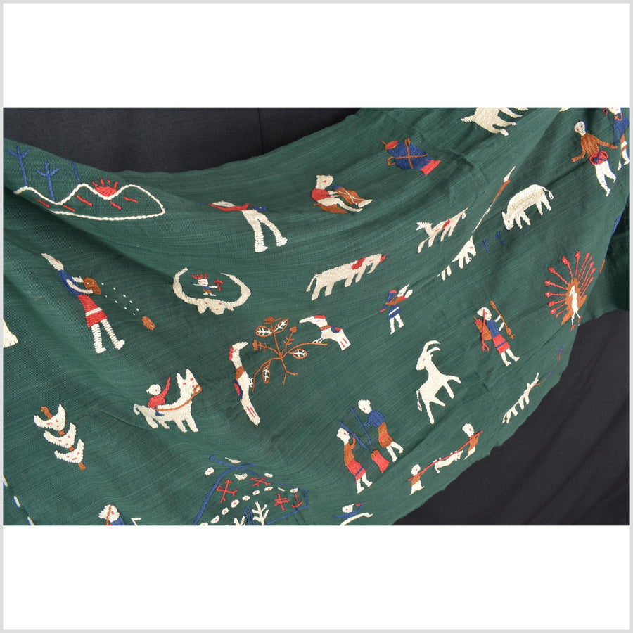 Green jade cotton story quilt Naga tribal textile ethnic embroidered boho fabric Burma hill tribe tapestry Thai India Hmong MP76