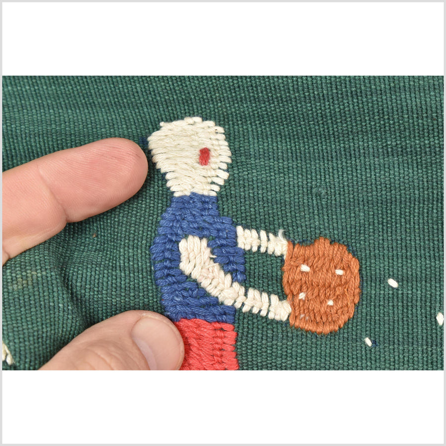 Green jade cotton story quilt Naga tribal textile ethnic embroidered boho fabric Burma hill tribe tapestry Thai India Hmong MP76