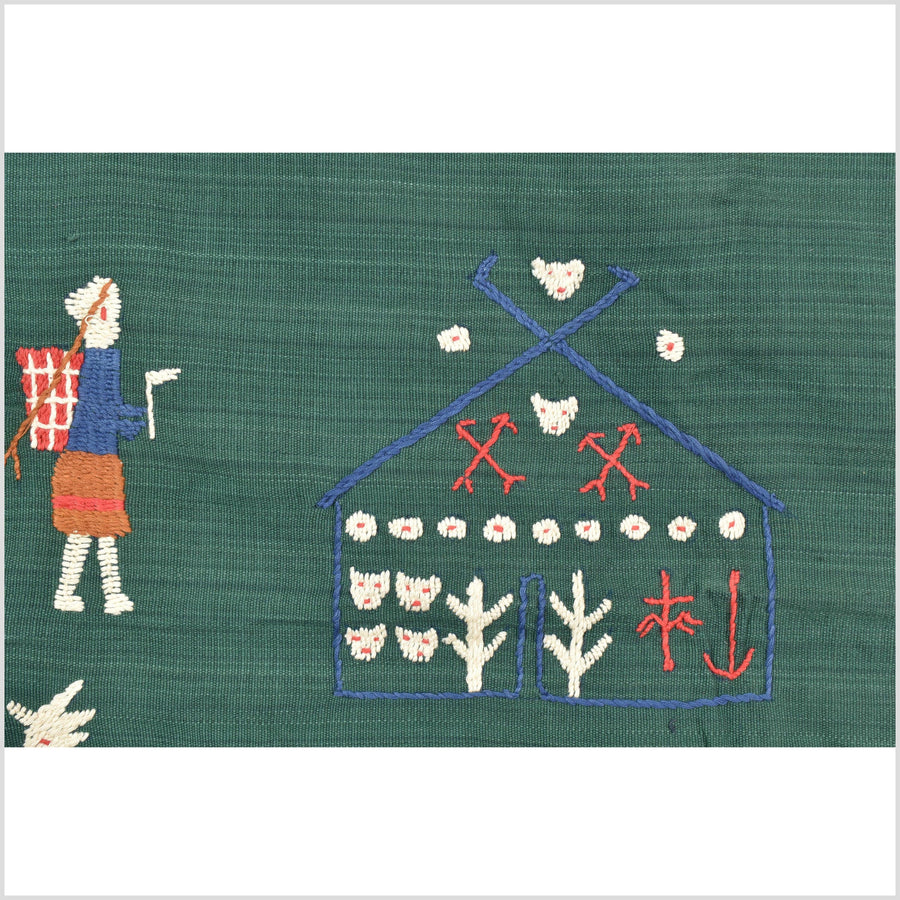 Green jade cotton story quilt Naga tribal textile ethnic embroidered boho fabric Burma hill tribe tapestry Thai India Hmong MP76