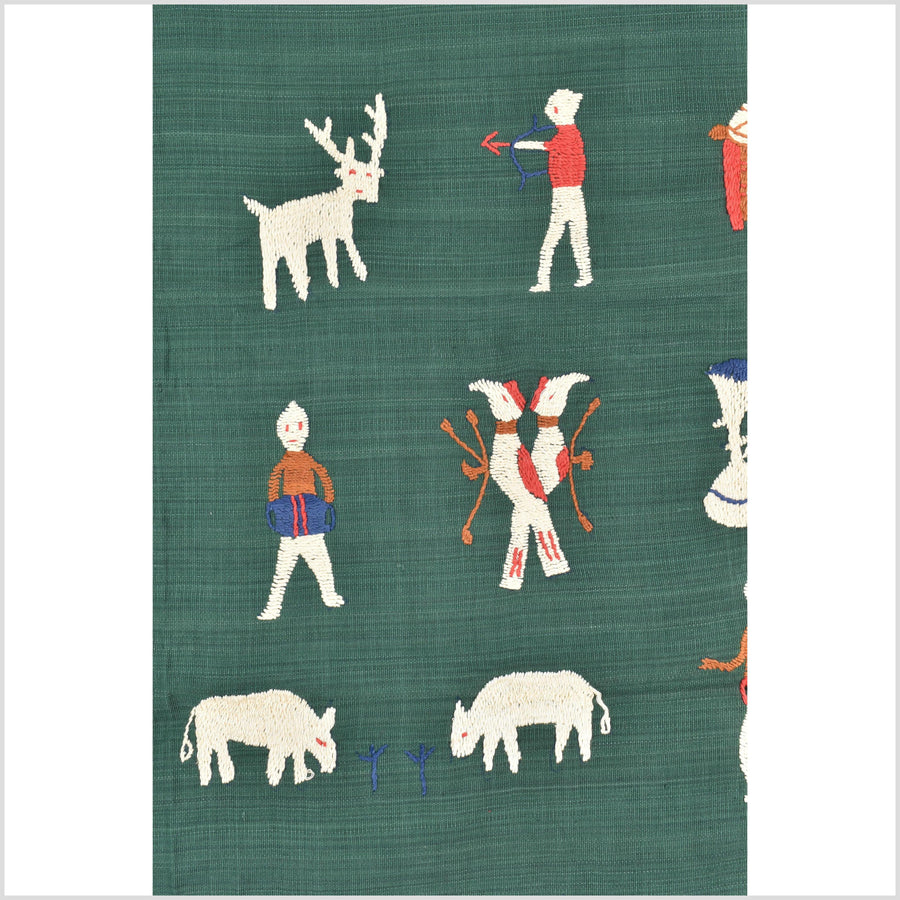 Green jade cotton story quilt Naga tribal textile ethnic embroidered boho fabric Burma hill tribe tapestry Thai India Hmong MP76