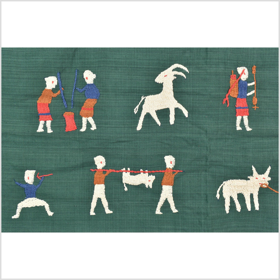 Green jade cotton story quilt Naga tribal textile ethnic embroidered boho fabric Burma hill tribe tapestry Thai India Hmong MP76