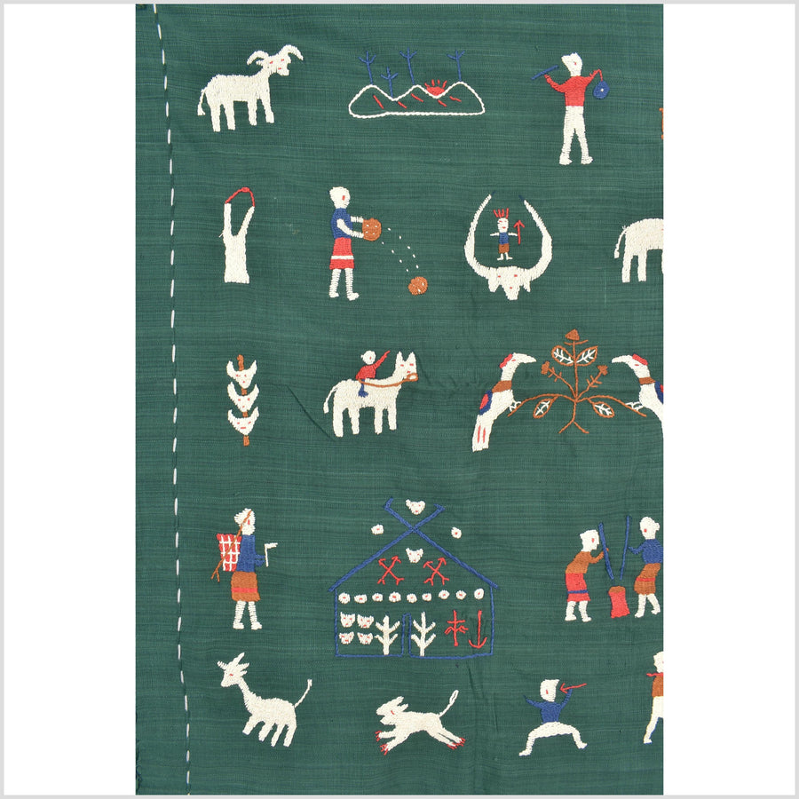 Green jade cotton story quilt Naga tribal textile ethnic embroidered boho fabric Burma hill tribe tapestry Thai India Hmong MP76