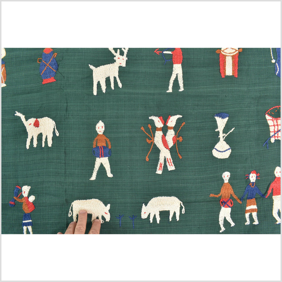 Green jade cotton story quilt Naga tribal textile ethnic embroidered boho fabric Burma hill tribe tapestry Thai India Hmong MP76