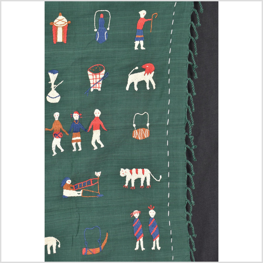 Green jade cotton story quilt Naga tribal textile ethnic embroidered boho fabric Burma hill tribe tapestry Thai India Hmong MP76