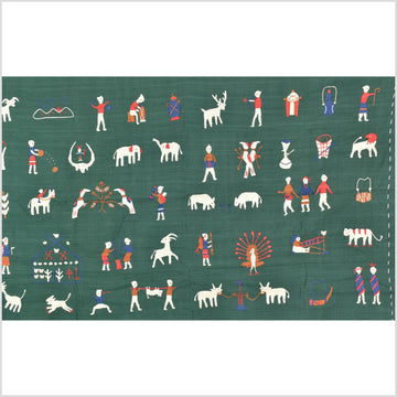 Green jade cotton story quilt Naga tribal textile ethnic embroidered boho fabric Burma hill tribe tapestry Thai India Hmong MP76