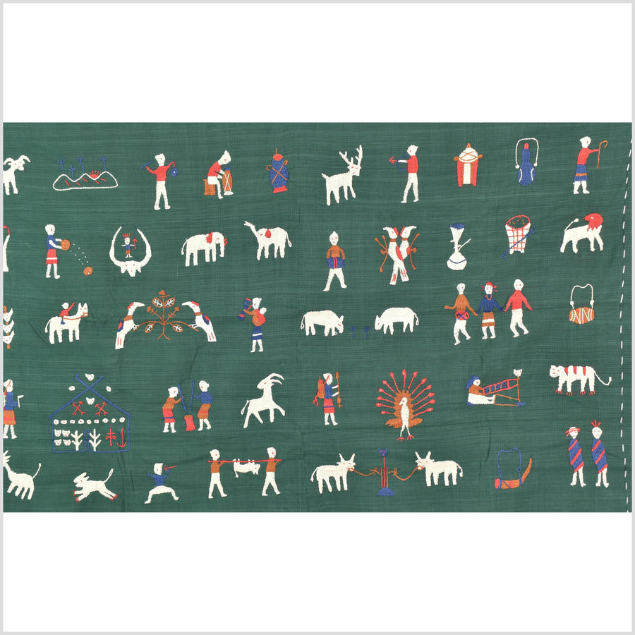 Green jade cotton story quilt Naga tribal textile ethnic embroidered boho fabric Burma hill tribe tapestry Thai India Hmong MP76