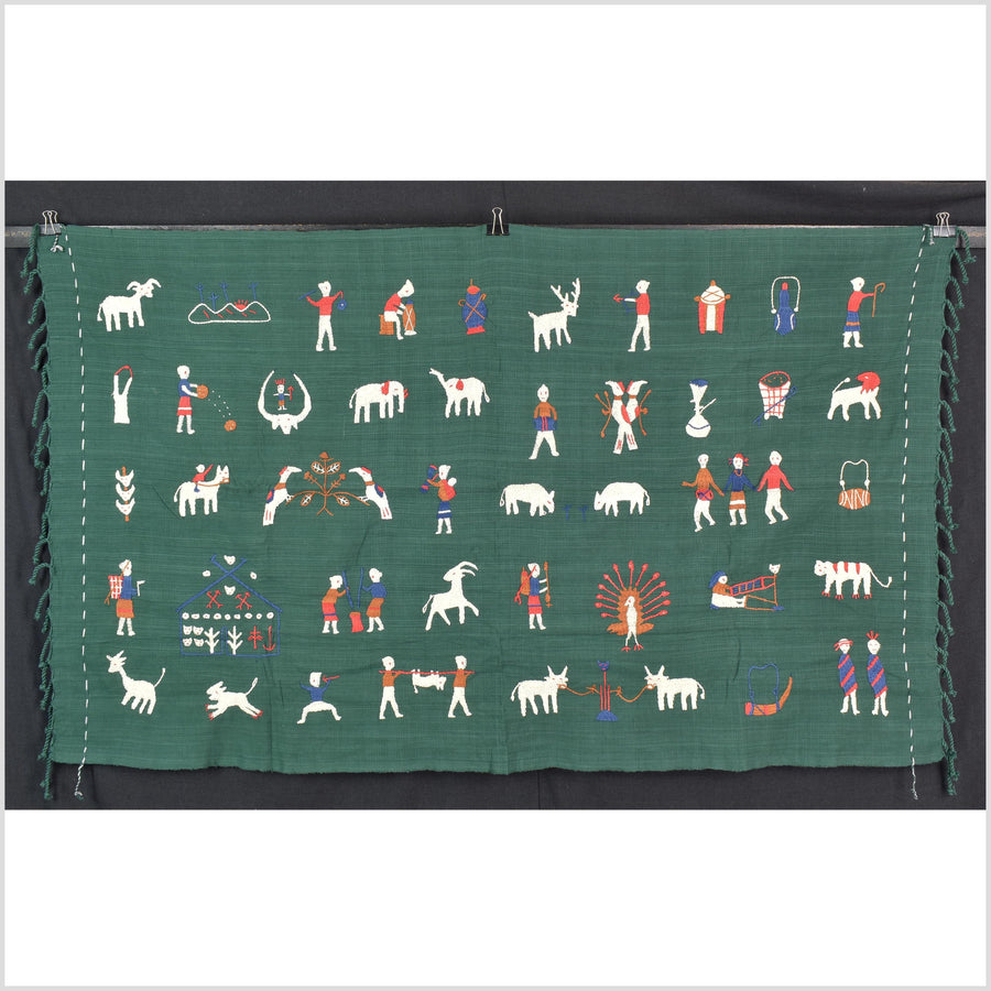 Green jade cotton story quilt Naga tribal textile ethnic embroidered boho fabric Burma hill tribe tapestry Thai India Hmong MP76