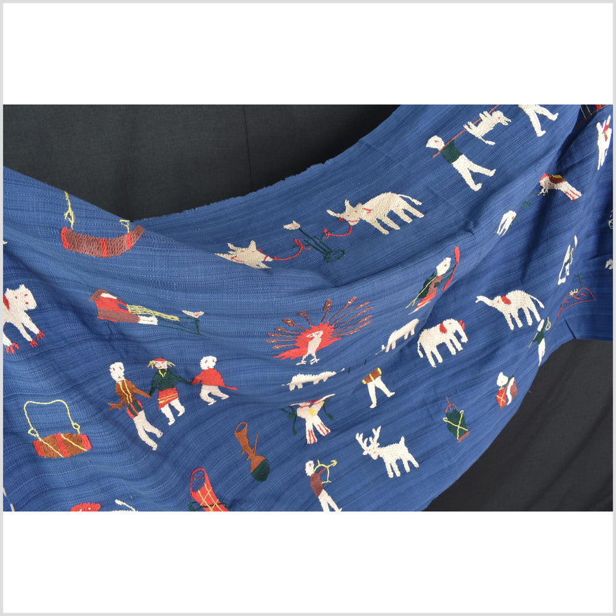 Sky blue cotton story quilt Naga tribal textile ethnic embroidered boho fabric Burma hill tribe tapestry Thai India Hmong MP77