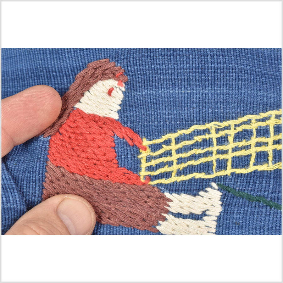 Sky blue cotton story quilt Naga tribal textile ethnic embroidered boho fabric Burma hill tribe tapestry Thai India Hmong MP77