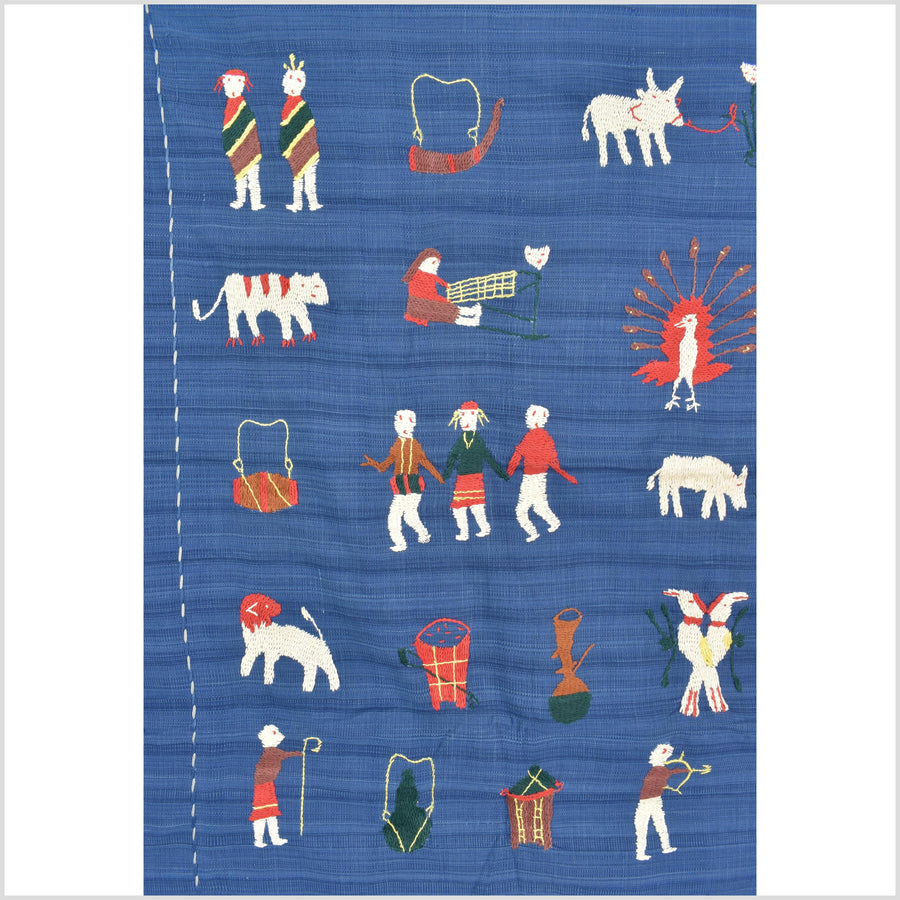 Sky blue cotton story quilt Naga tribal textile ethnic embroidered boho fabric Burma hill tribe tapestry Thai India Hmong MP77