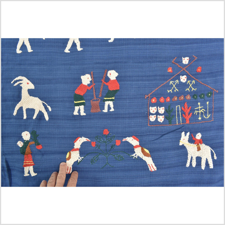 Sky blue cotton story quilt Naga tribal textile ethnic embroidered boho fabric Burma hill tribe tapestry Thai India Hmong MP77