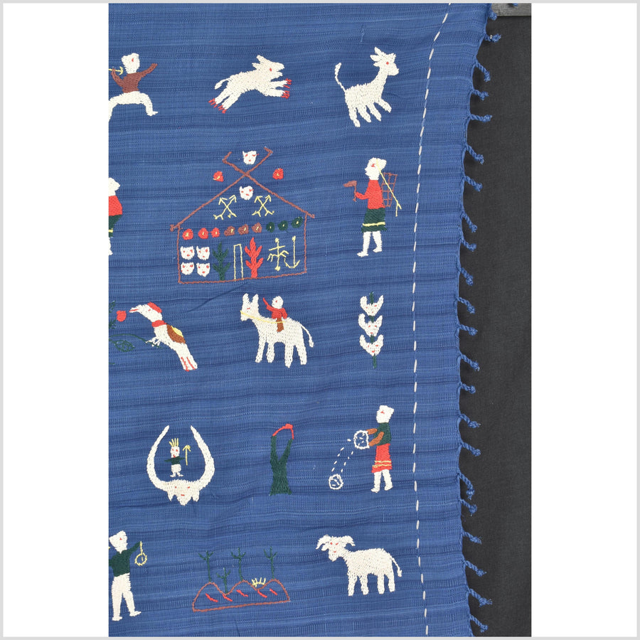 Sky blue cotton story quilt Naga tribal textile ethnic embroidered boho fabric Burma hill tribe tapestry Thai India Hmong MP77