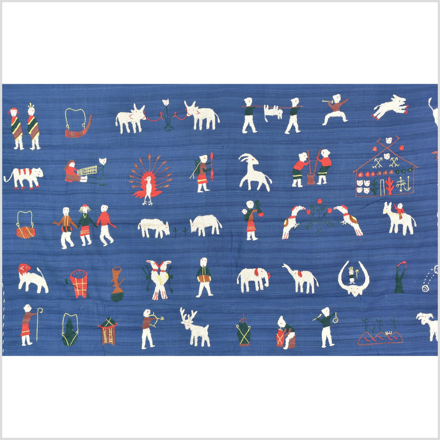 Sky blue cotton story quilt Naga tribal textile ethnic embroidered boho fabric Burma hill tribe tapestry Thai India Hmong MP77